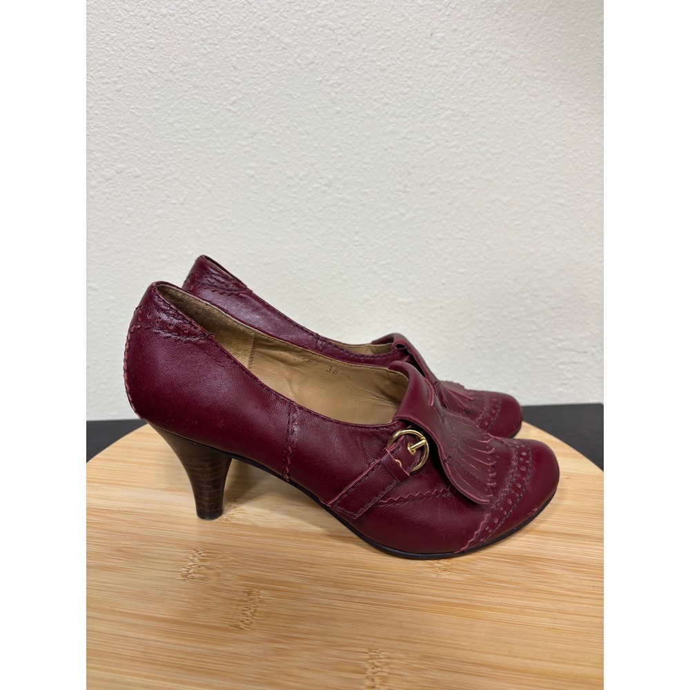 All Black Kiltie Loafer Pumps 38.5 Burgundy Leather Brogue‎ Buckle Heels 7.5-8 - Picture 11 of 15